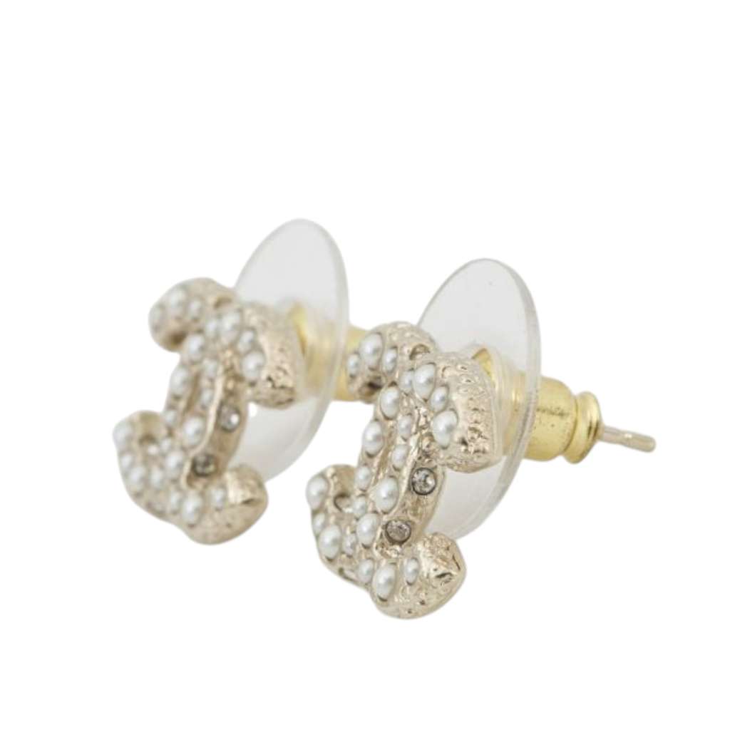 Chanel Gold Plated Faux Pearl CC Push Back Earrings - 3