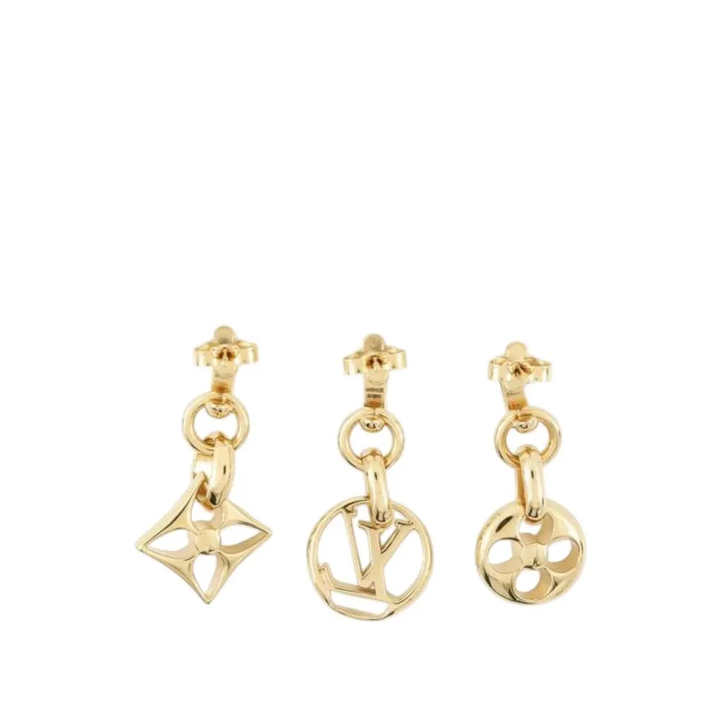 Louis Vuitton Gold Plated Crazy In Lock Drop Push Back Earring Set Gold Metal Good - Front View