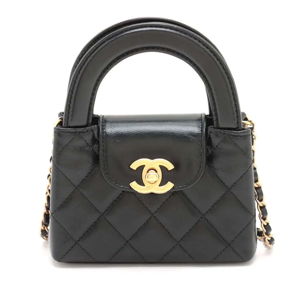 Chanel Mini Nano Aged Calfskin Kelly Shopper Bag Black Leather Very good - Front View