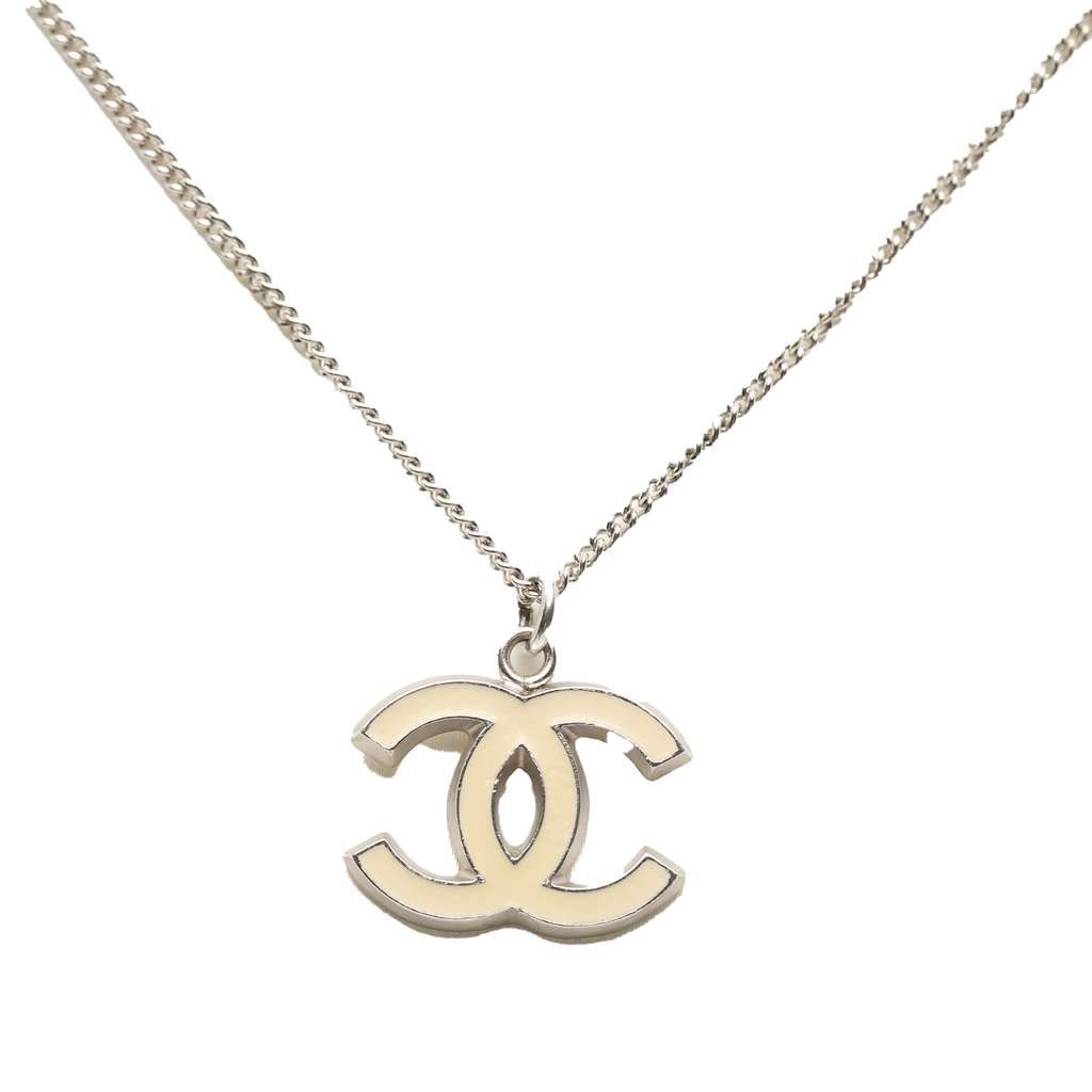 Chanel Silver Plated Enamel CC Pendant Necklace