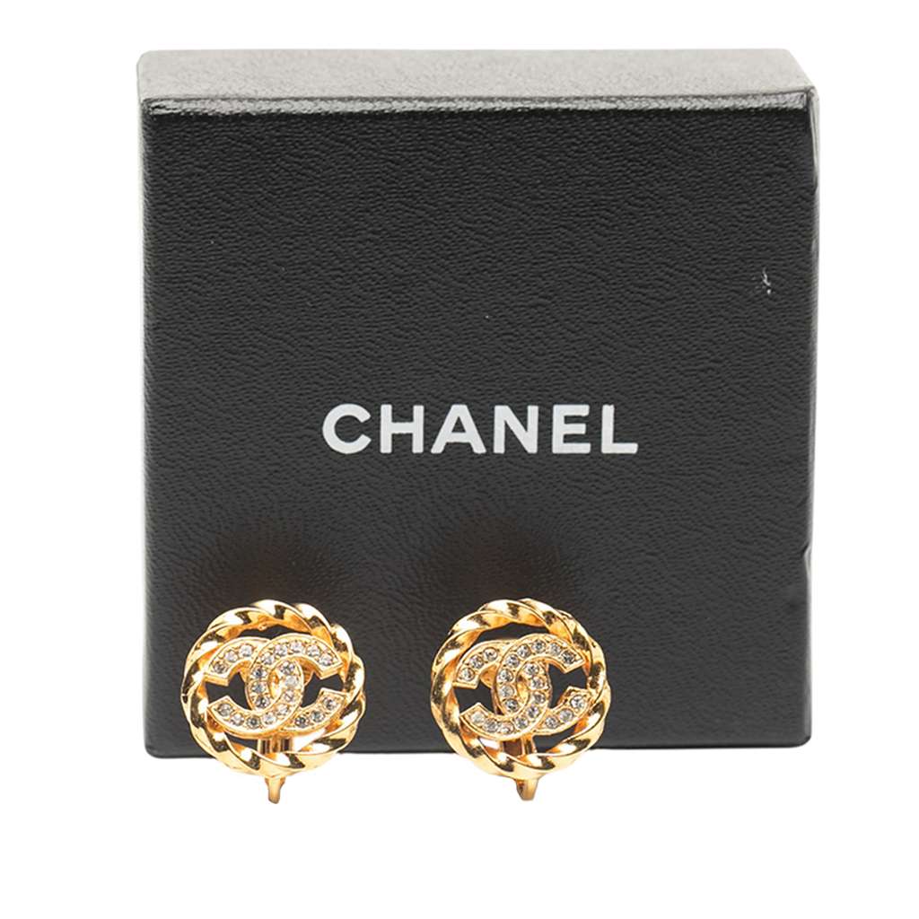 Chanel Gold Plated CC Rhinestones Clip On Earrings - 5