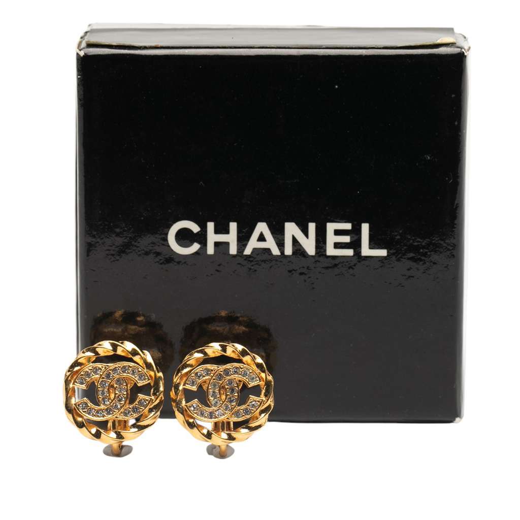 Chanel Gold Plated CC Rhinestones Clip On Earrings - 4