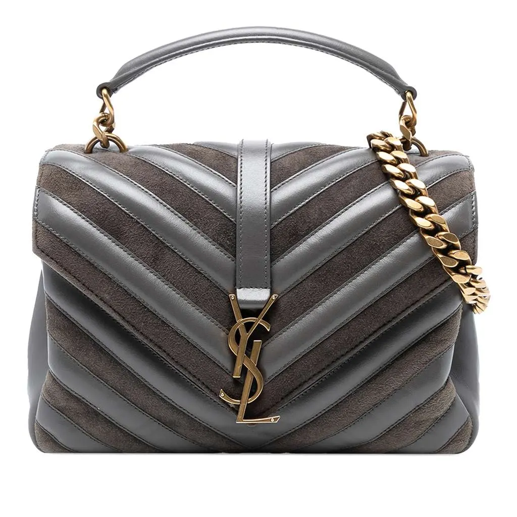 Saint Laurent Medium Calfskin and Suede Chevron Monogram College Satchel Grey Leather Good - Front View