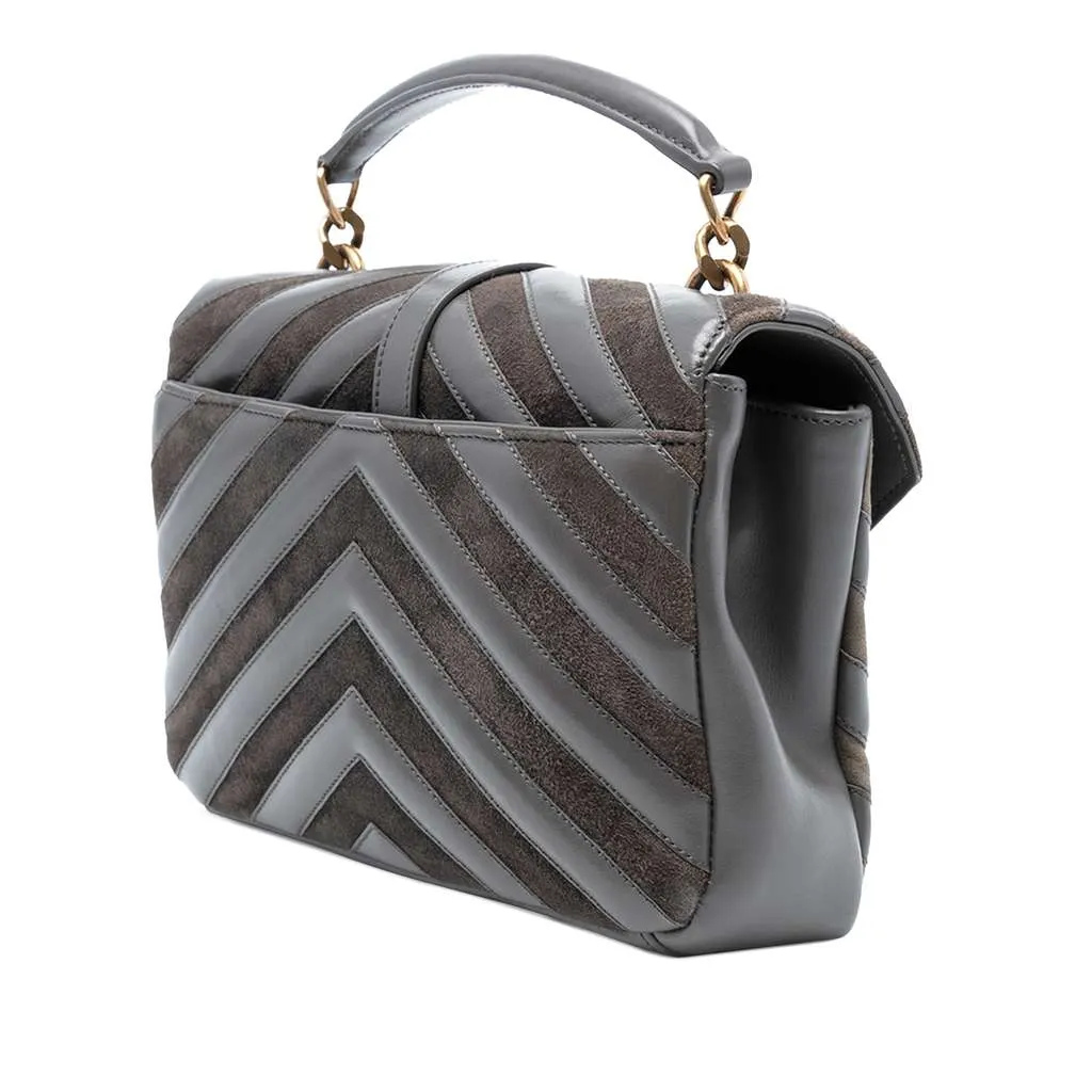Saint Laurent Medium Calfskin and Suede Chevron Monogram College Satchel Grey Leather Good - Back View