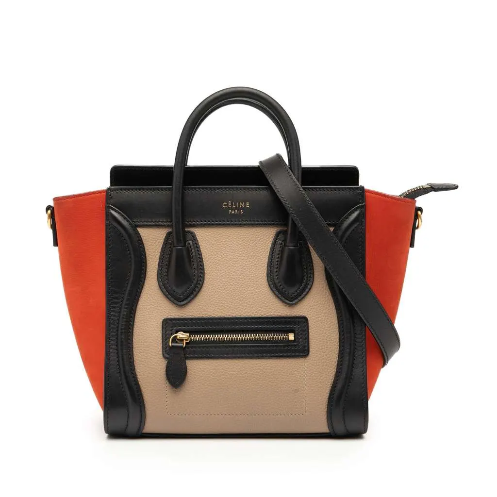 Celine Nano Tricolor Nubuck and Drummed Calfskin Luggage Tote Brown Leather Good - Front View