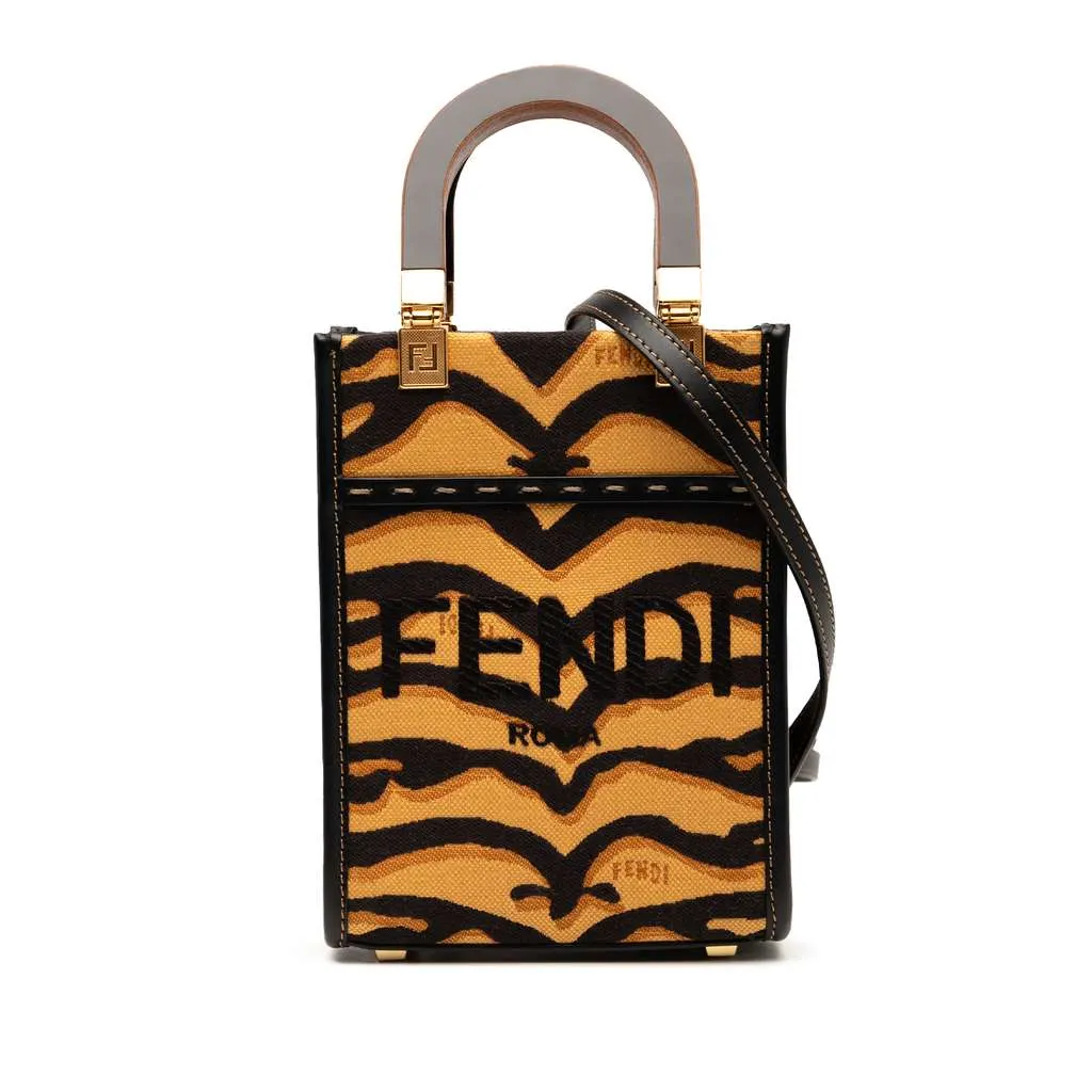 Fendi Mini Embroidered Canvas Tiger Print Sunshine Shopper Tote Brown Canvas Very good - Front View