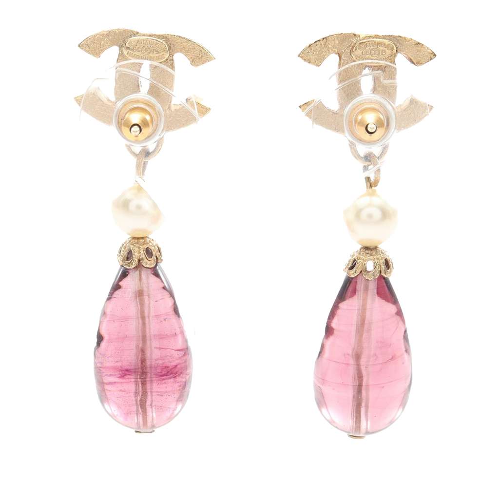 Chanel CC Gold Plated Rhinestone Pearl and Resin Drop Push Back Earrings - 2