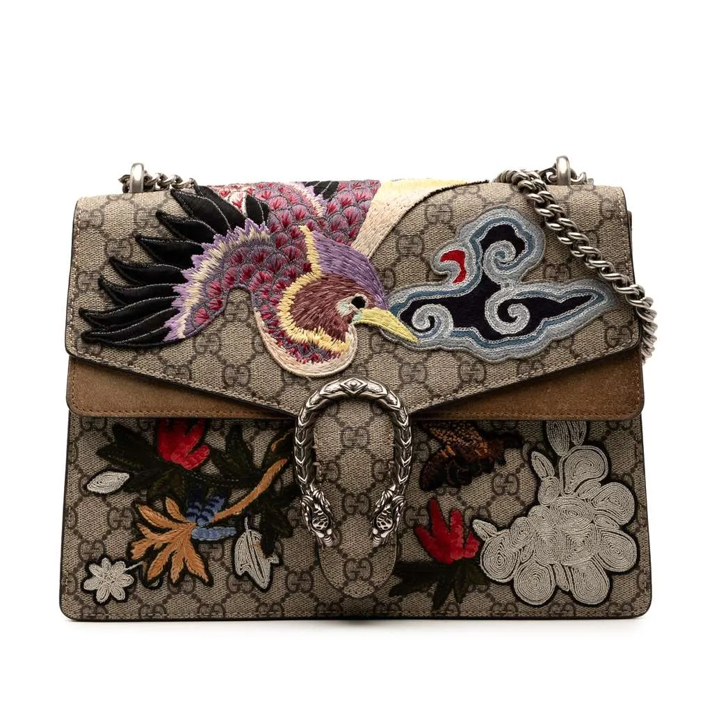 Gucci Medium GG Supreme Embroidered Bird and Flowers Dionysus Shoulder Bag Brown Canvas Good - Front View