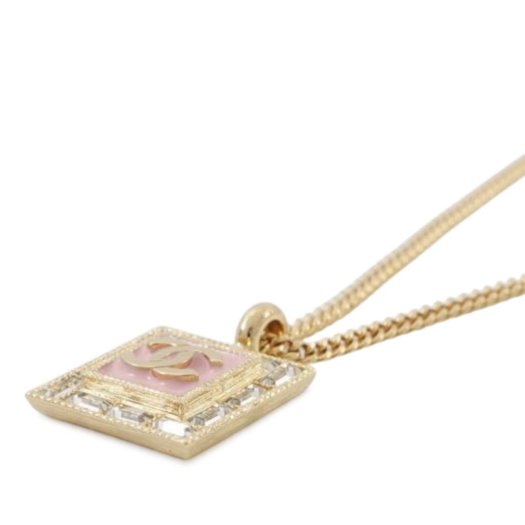 Chanel Gold Plated Rhinestone CC Square Pendant Necklace - 3