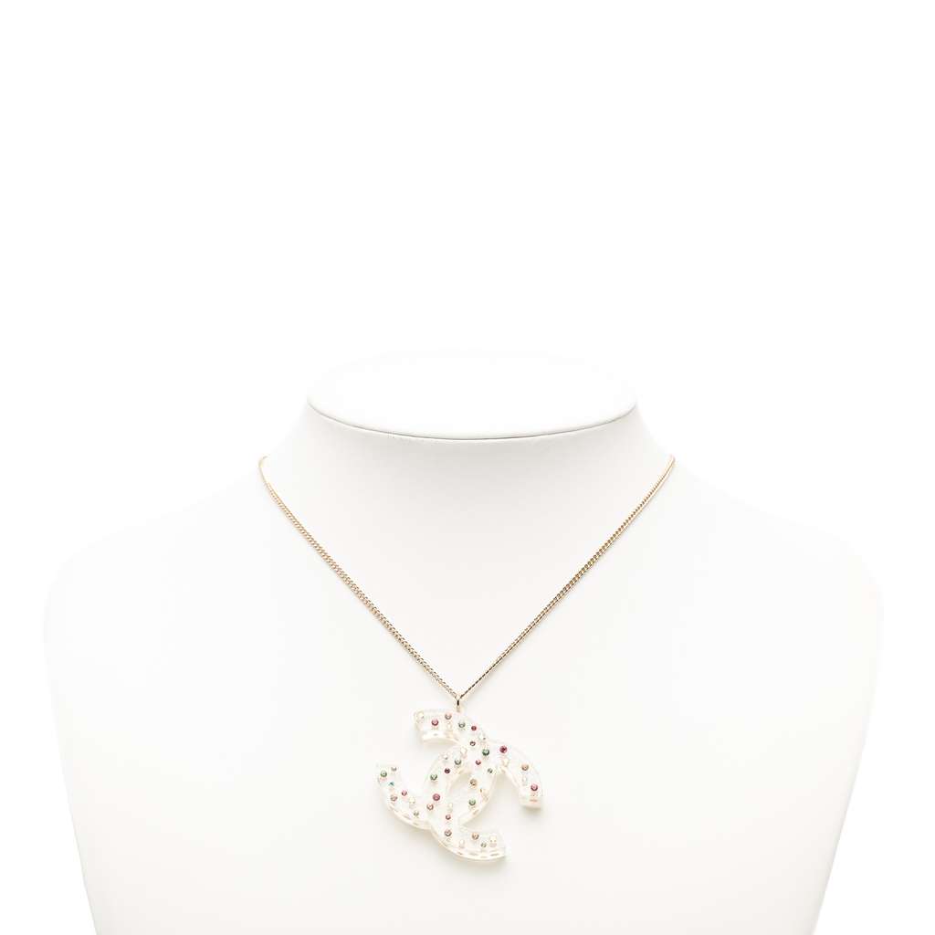 Chanel Gold Plated Resin CC Rhinestone Embellished Pendant Necklace - 4