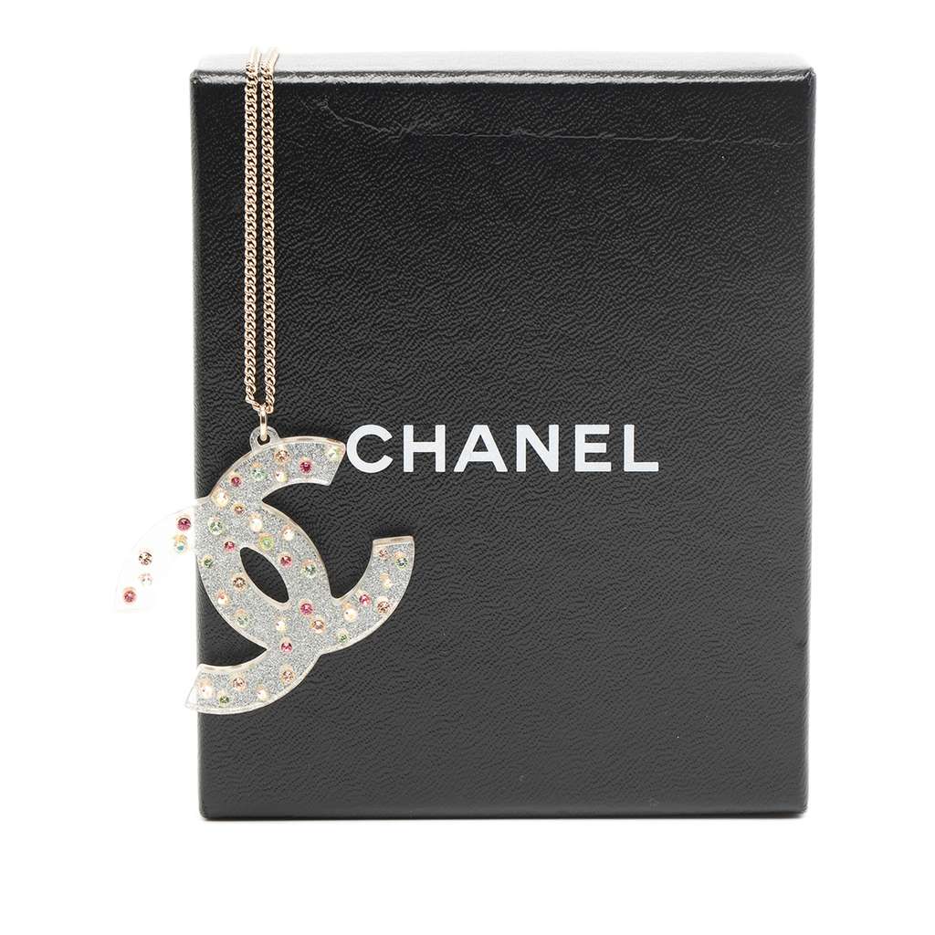 Chanel Gold Plated Resin CC Rhinestone Embellished Pendant Necklace - 5