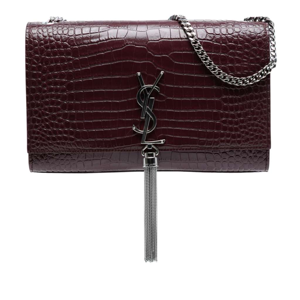Saint Laurent Medium Croc Embossed Leather Monogram Kate Tassel Crossbody