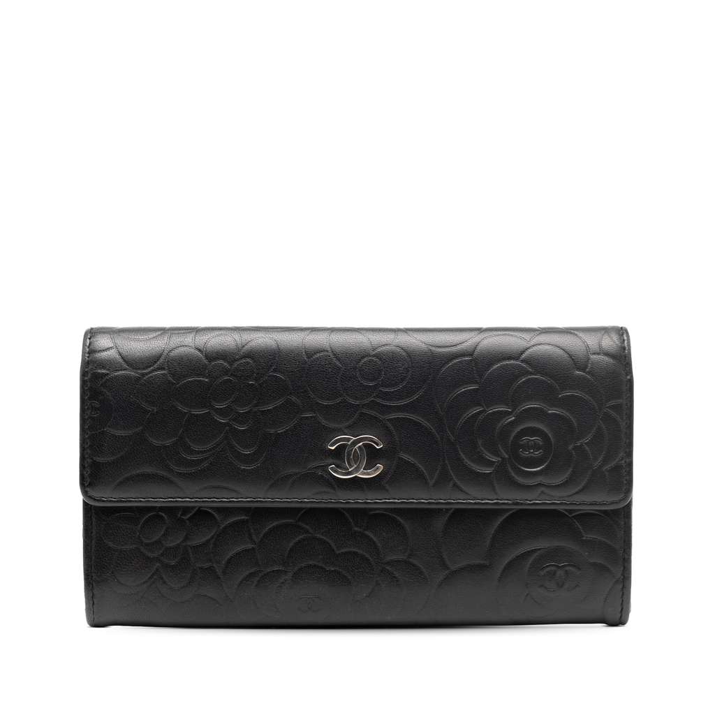 Chanel CC Embossed Calfskin Camellia Flap Wallet