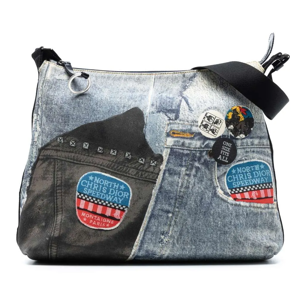 Dior Printed Denim Speedway Crossbody Blue Denim Good - Front View