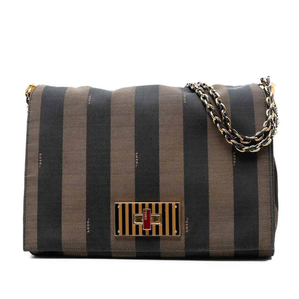 Fendi Large Canvas Pequin Claudia Shoulder Bag Brown Canvas Good - Front View