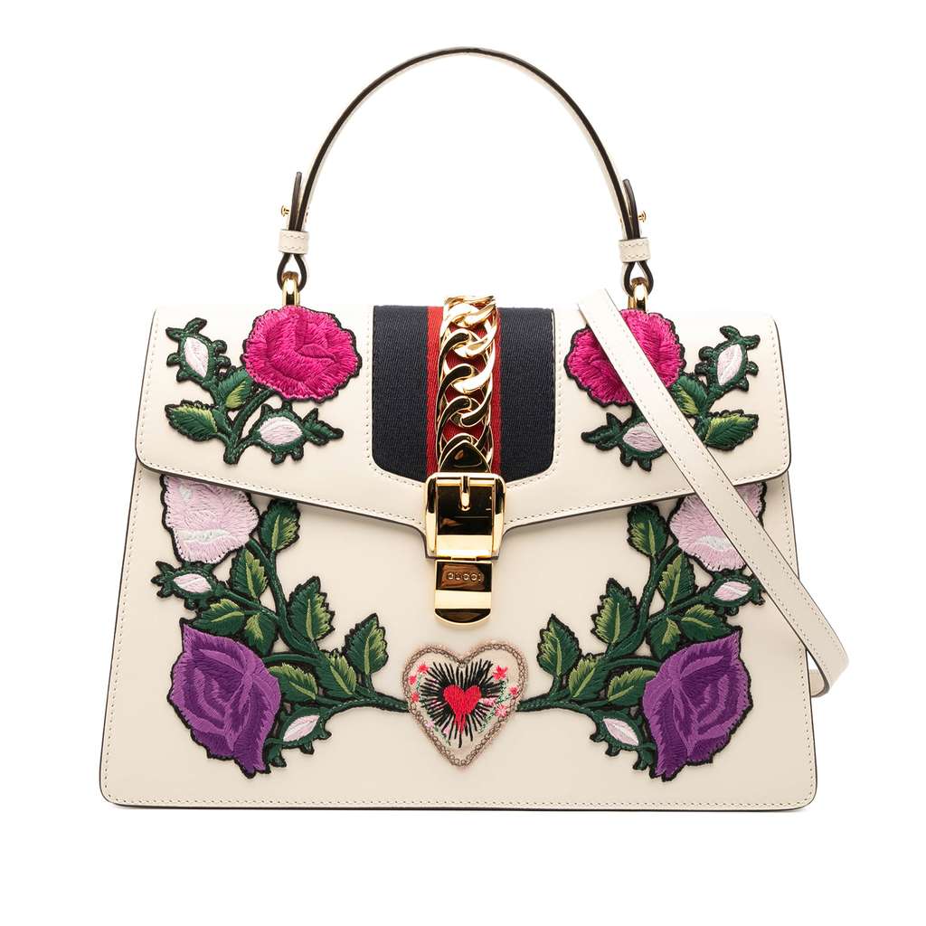 Gucci Medium Floral Embroidered Leather Sylvie Top Handle Bag