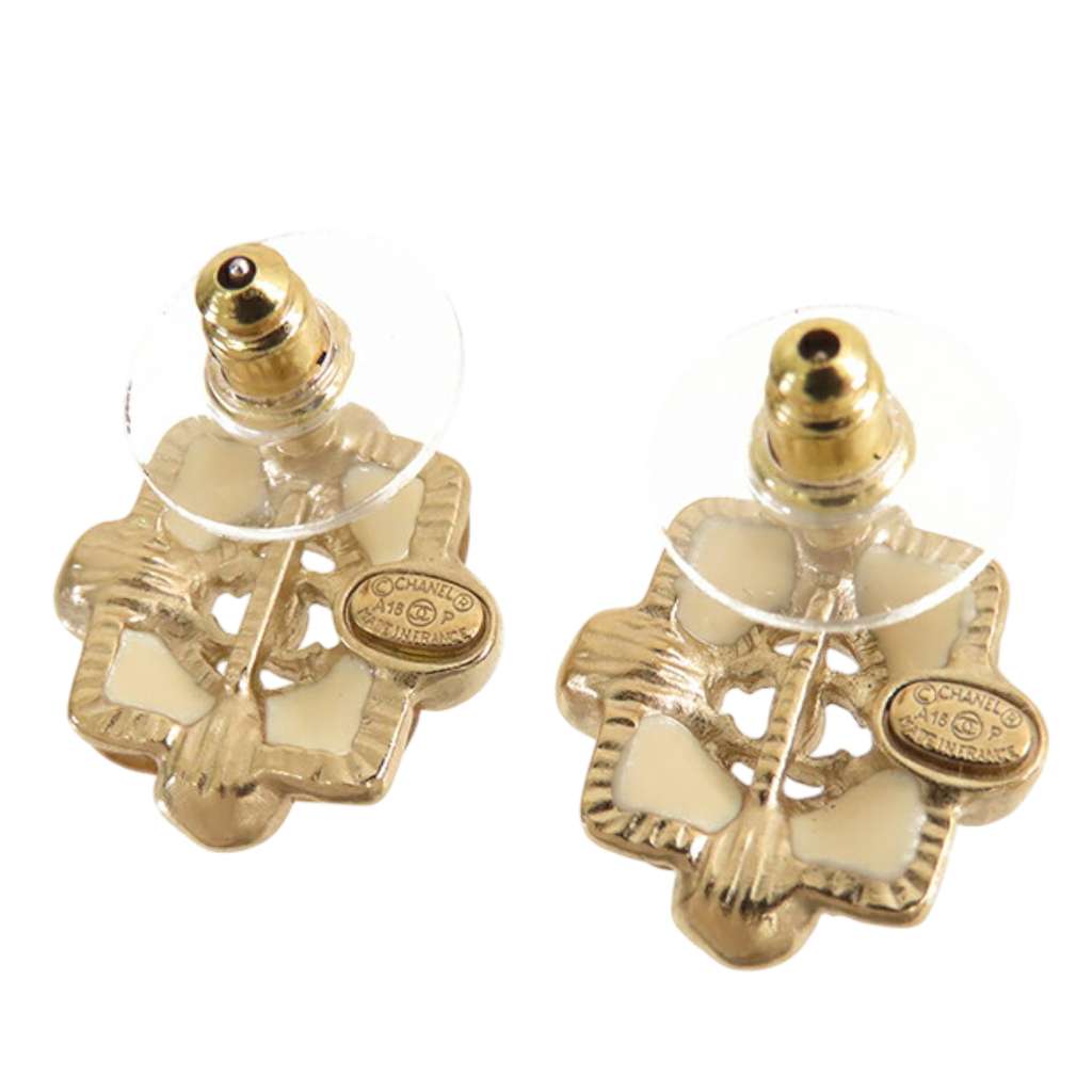 Chanel CC Gold Plated Resin and Faux Pearl Push Back Earrings - 2
