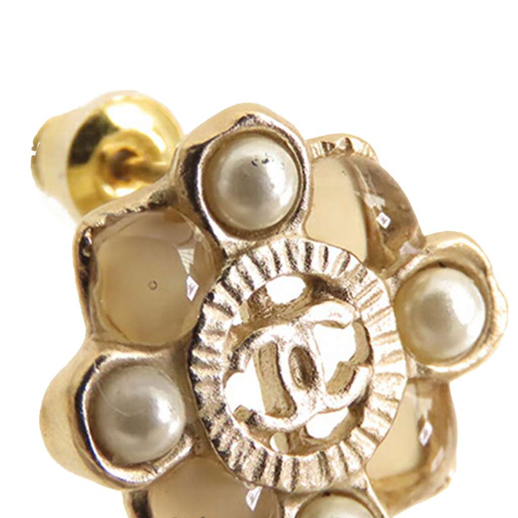Chanel CC Gold Plated Resin and Faux Pearl Push Back Earrings - 3