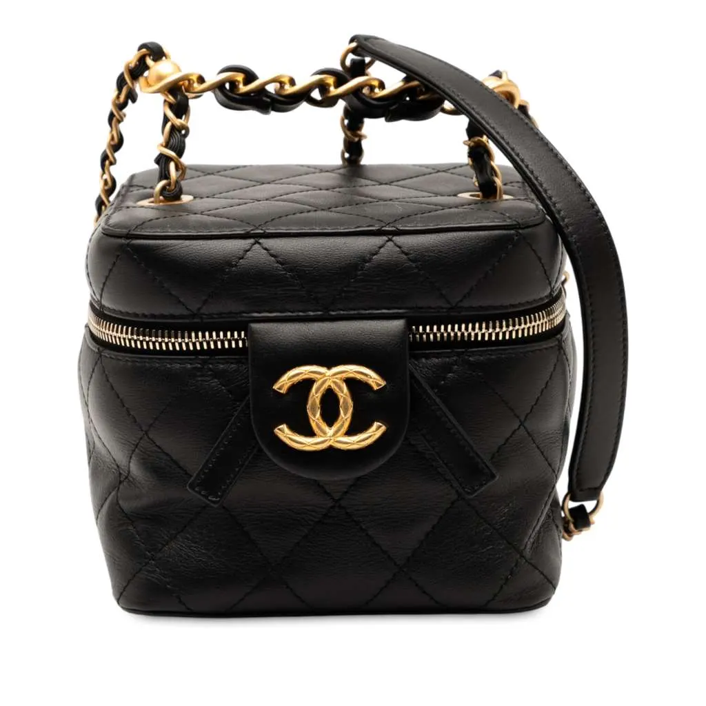 Chanel CC Quilted Calfskin Chain Top Handle Vanity Case on Strap Black Leather Very good - Front View