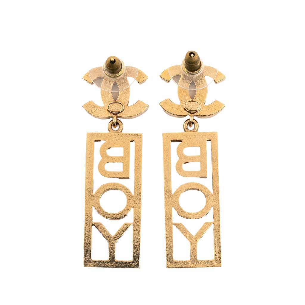 Chanel CC Gold Plated Rhinestones Boy Plated Push Back Earrings - 2
