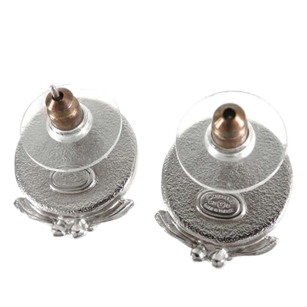 Chanel CC Silver Plated Crystal and Faux Pearl Push Back Earrings - 2