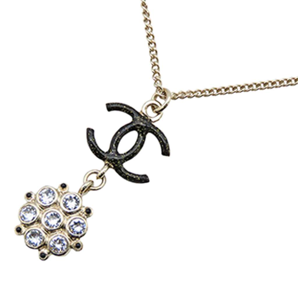 Chanel Gold Plated Enamel CC and Rhinestones Flower Pendant Necklace