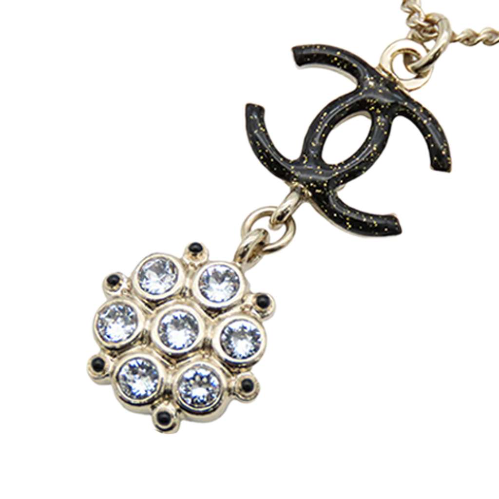 Chanel Gold Plated Enamel CC and Rhinestones Flower Pendant Necklace - 2