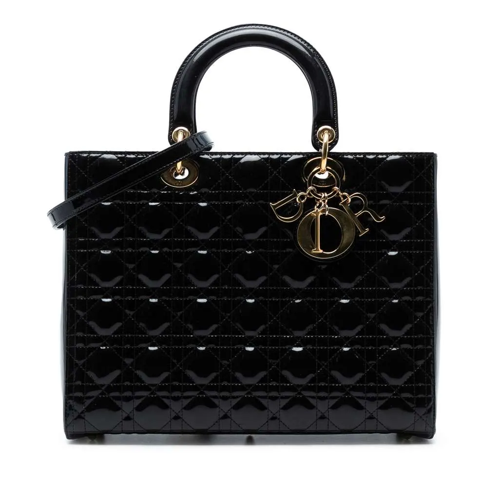 Dior Large Patent Cannage Lady Dior Black Leather Good - Front View