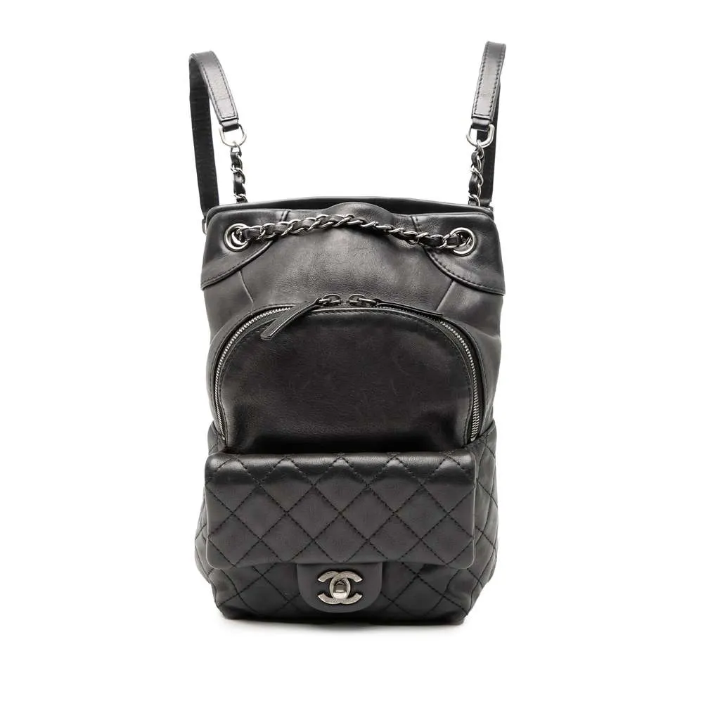 Chanel Small CC Calfskin Drawstring Flap Backpack Black Leather Good - Front View