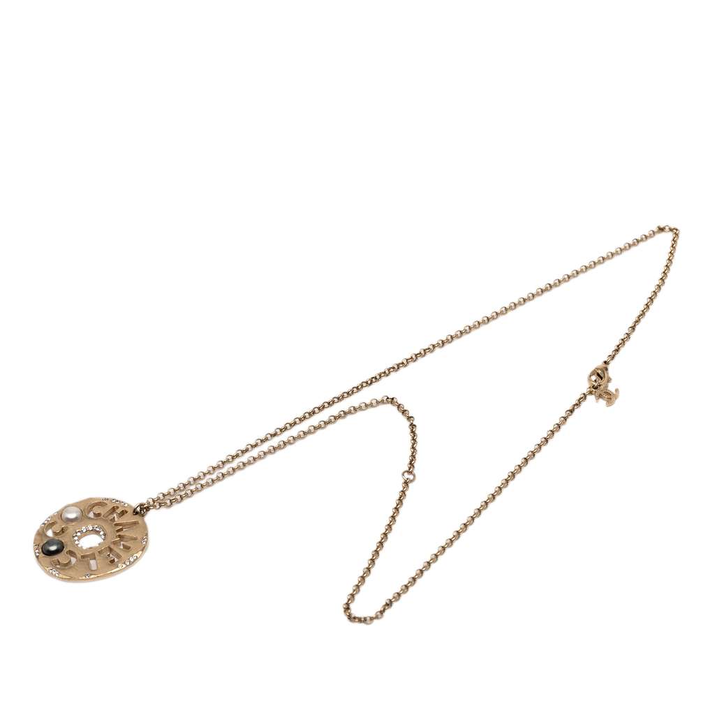 Chanel Gold Plated Faux Pearl and Rhinestone Logo Pendant Necklace - 4