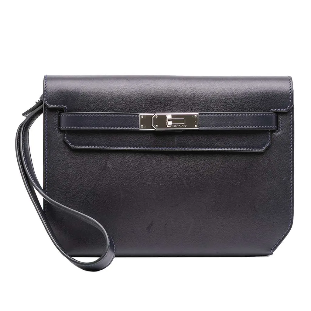 Hermès Evergrain Kelly Depeches Pouch 25 Blue Leather Very good - Front View
