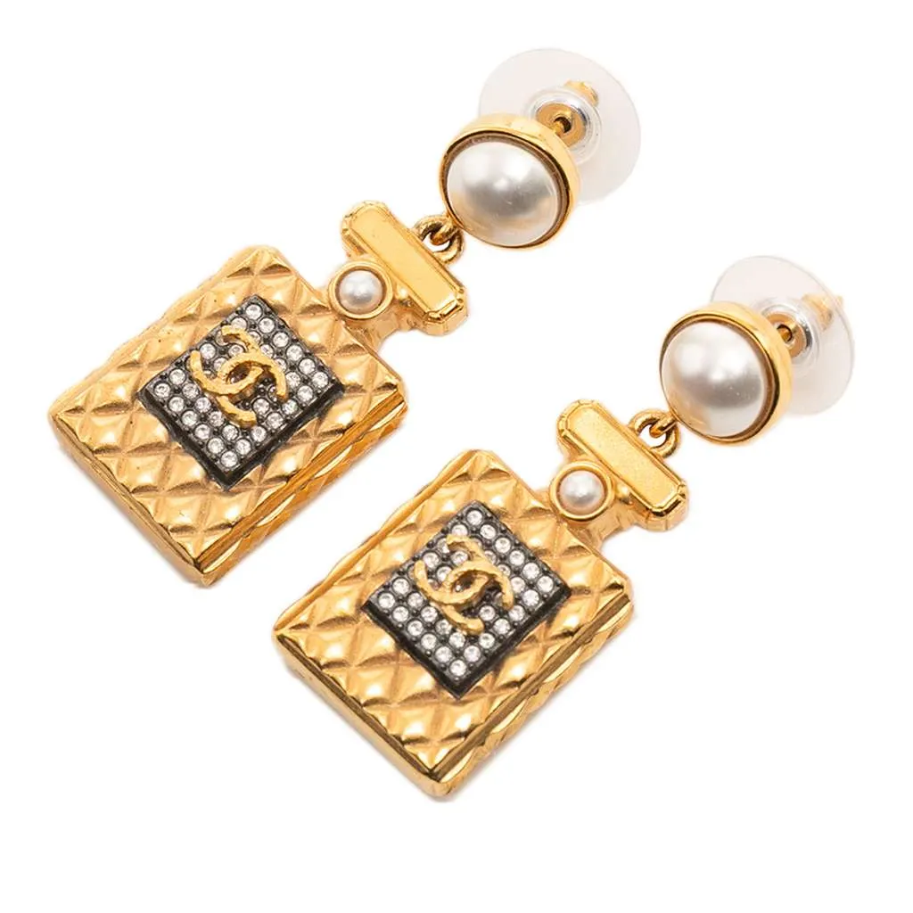 Chanel Gold Plated Faux Pearl and Strass CC Perfume Bottle Drop Earrings Gold Metal Good - Front View