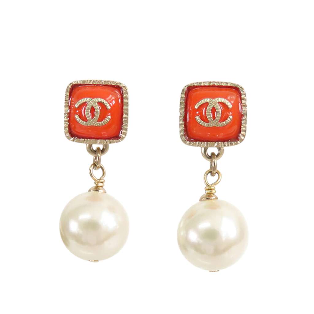 Chanel Gold Plated Enamel Faux Pearl Drop Earrings