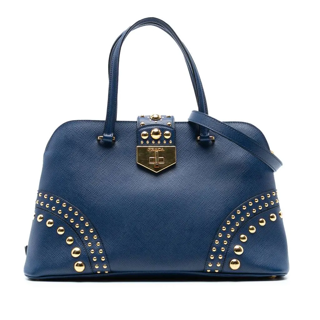 Prada Studded Saffiano Cuir Promenade Satchel Blue Leather Good - Front View
