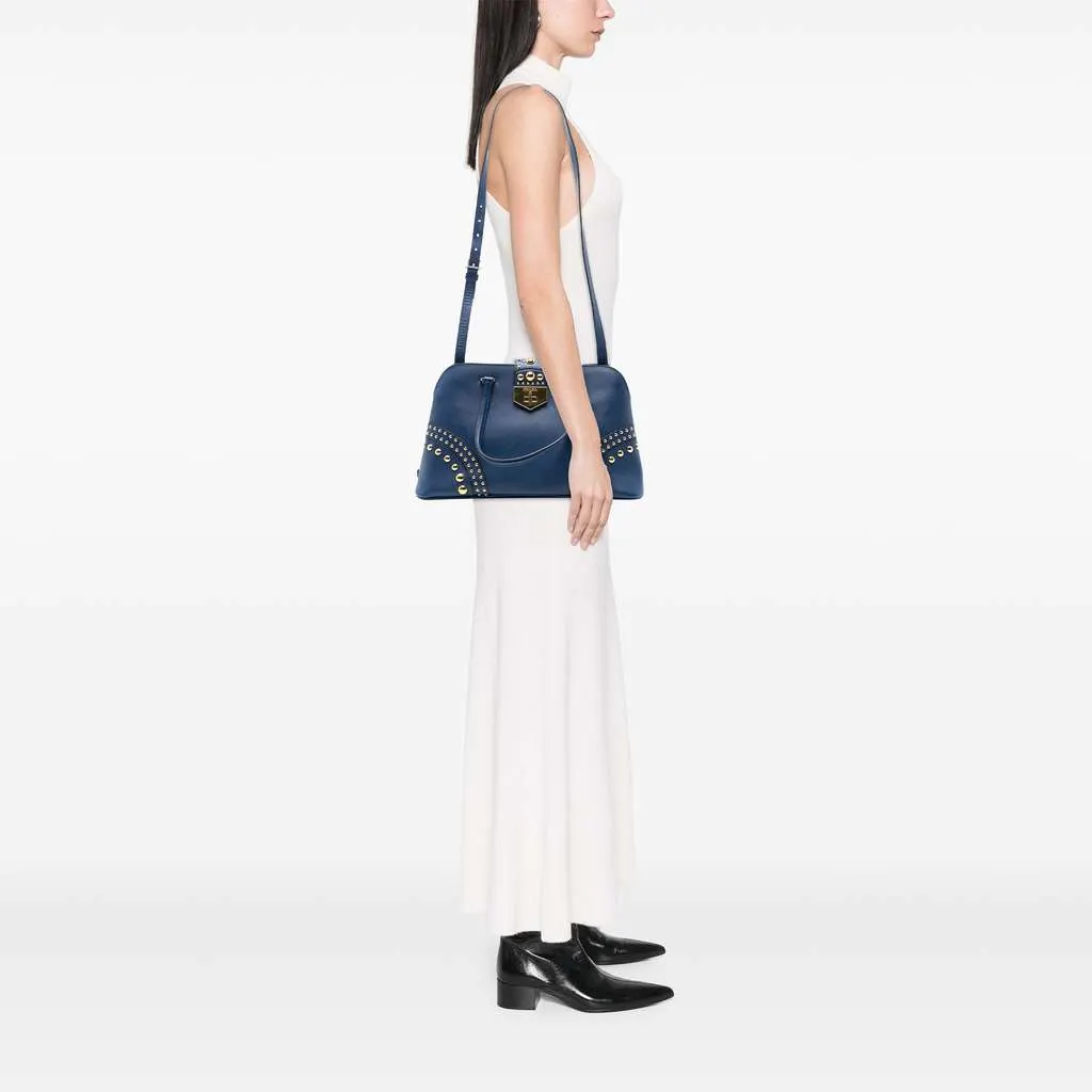 Prada Studded Saffiano Cuir Promenade Satchel Blue Leather Good - Box View