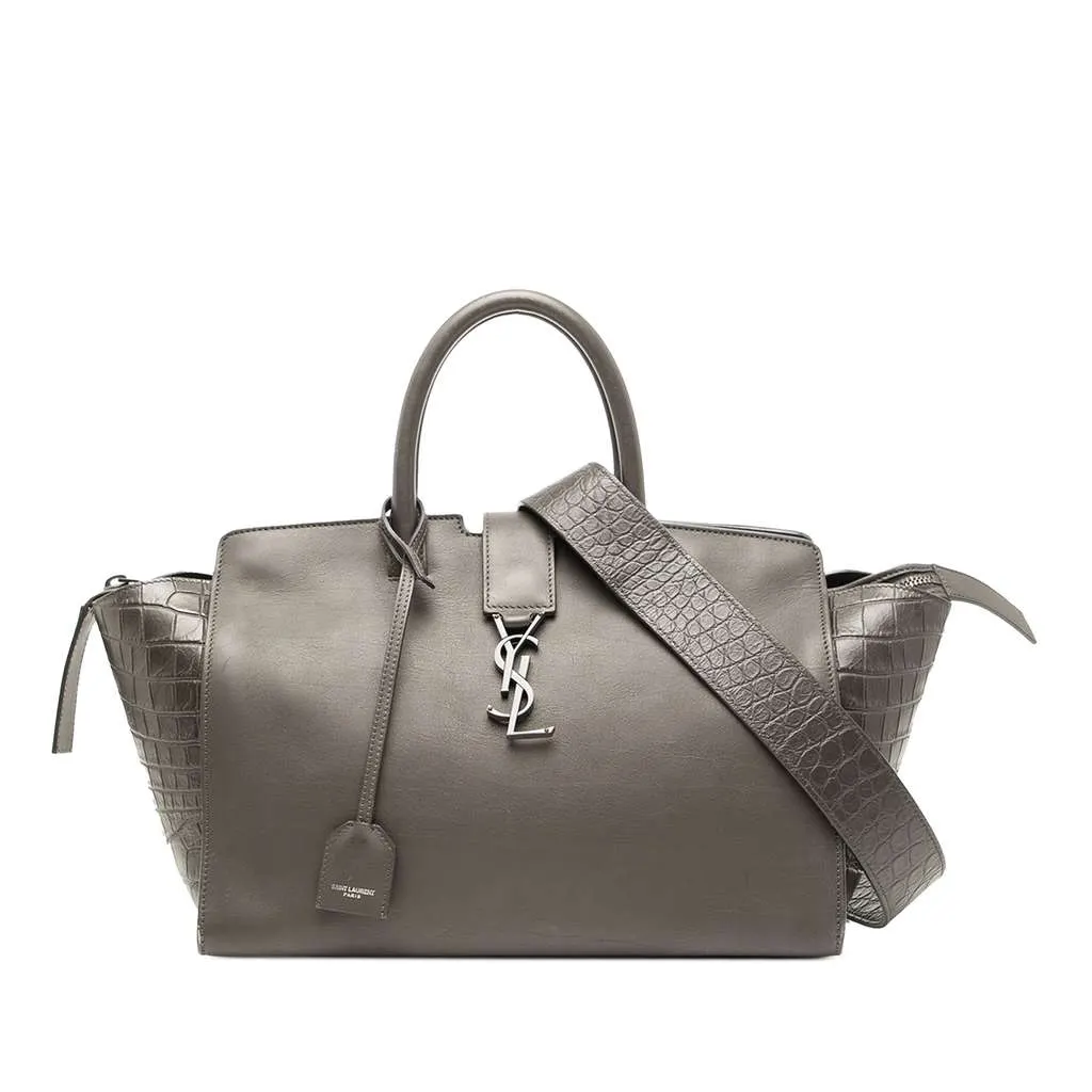 Saint Laurent Small Croc Embossed Trimmed Leather Downtown Cabas Satchel Grey Leather Good - Front View