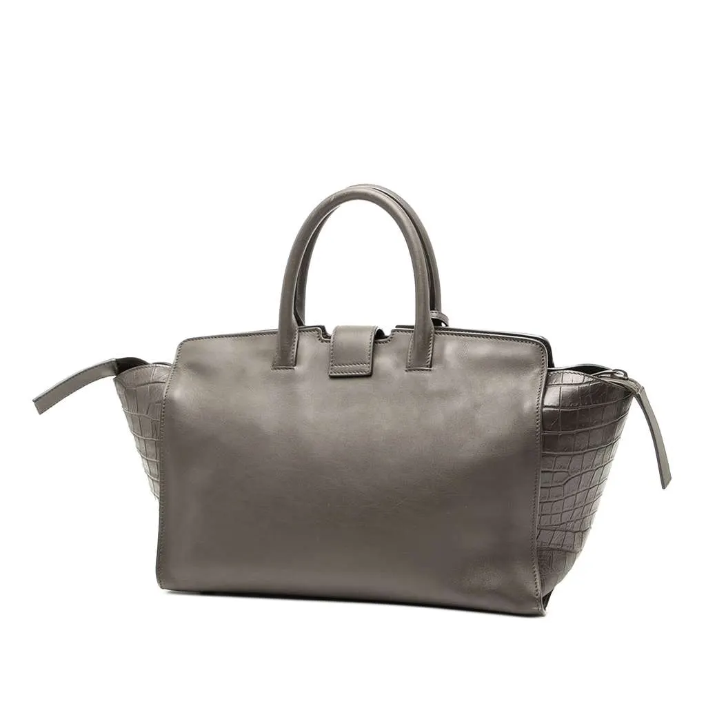 Saint Laurent Small Croc Embossed Trimmed Leather Downtown Cabas Satchel Grey Leather Good - Back View
