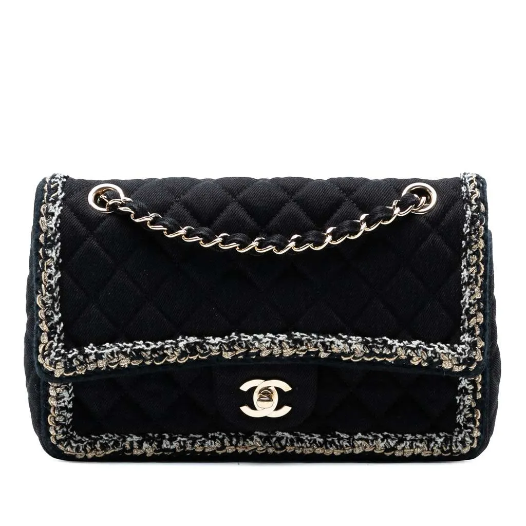 Chanel Medium Classic Denim Braided Single Flap Black Denim Very good - Front View