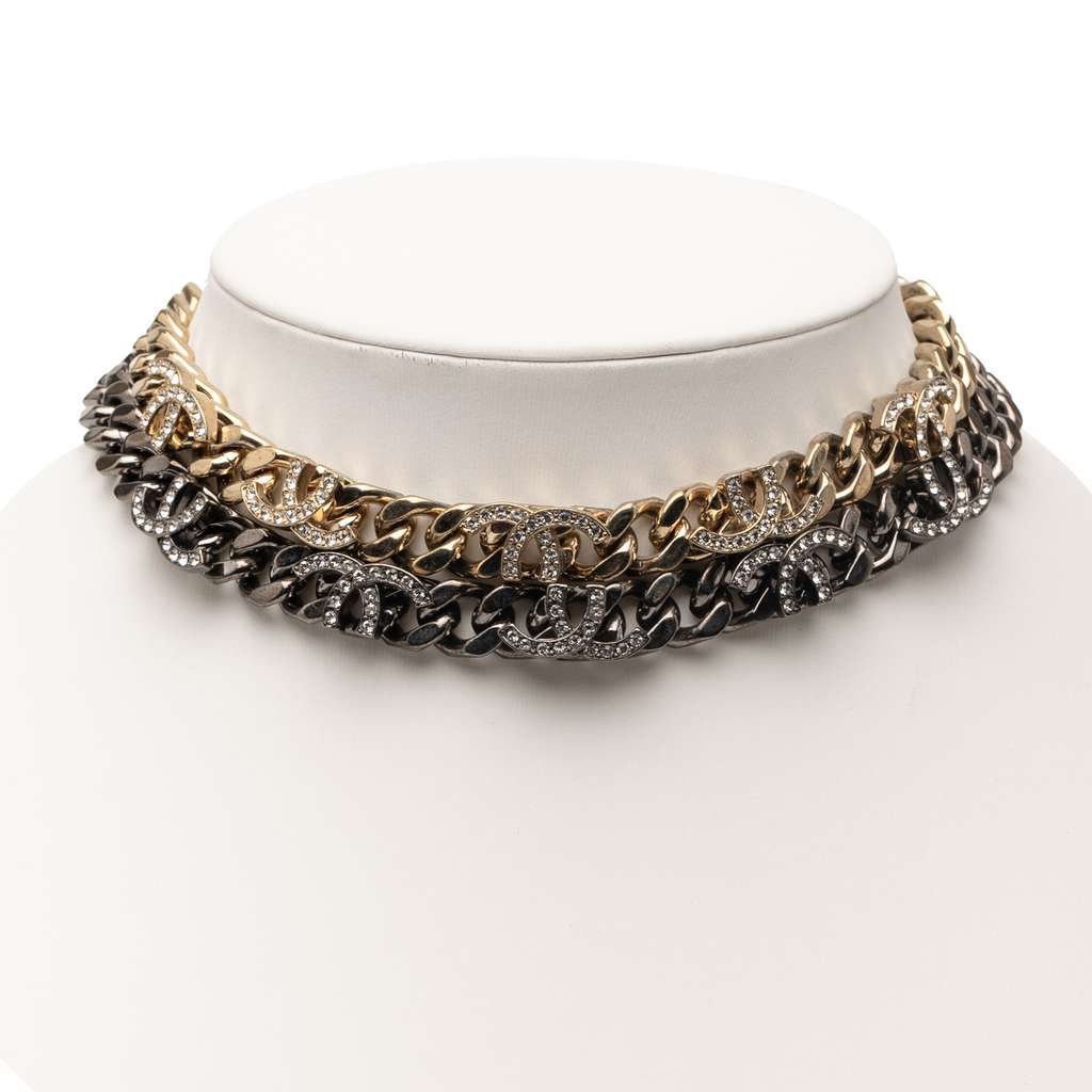 Chanel Gold Plated and Ruthenium Plated CC Crystal Split Double Chain Choker Necklace - 3