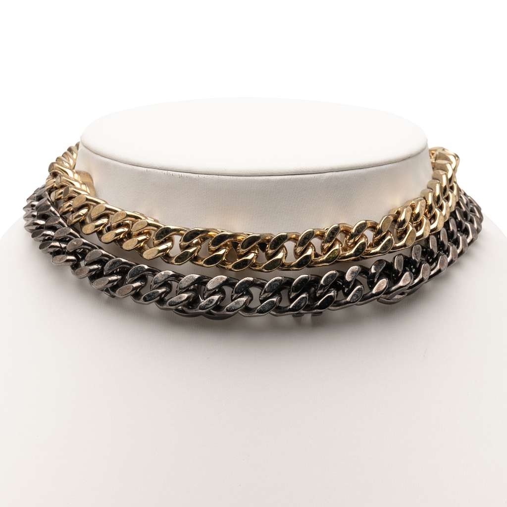 Chanel Gold Plated and Ruthenium Plated CC Crystal Split Double Chain Choker Necklace - 4