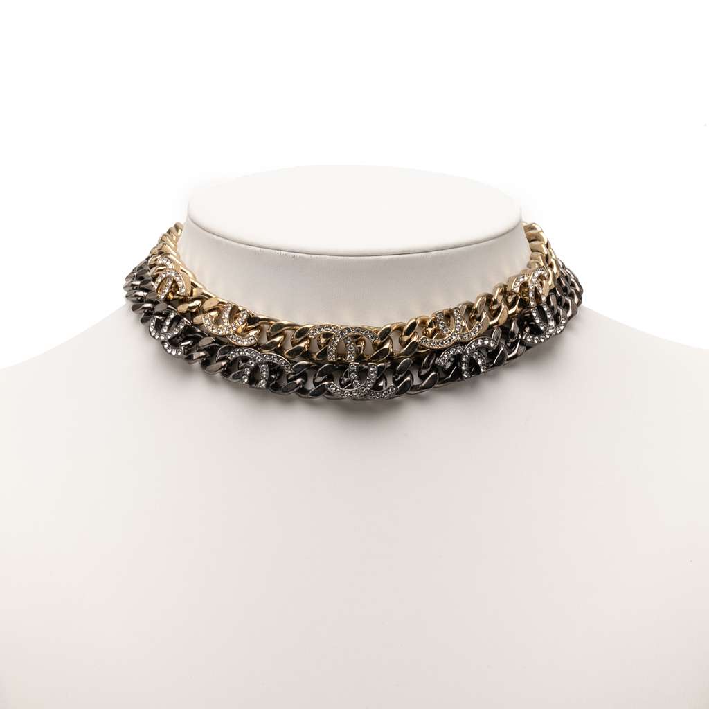 Chanel Gold Plated and Ruthenium Plated CC Crystal Split Double Chain Choker Necklace - 5