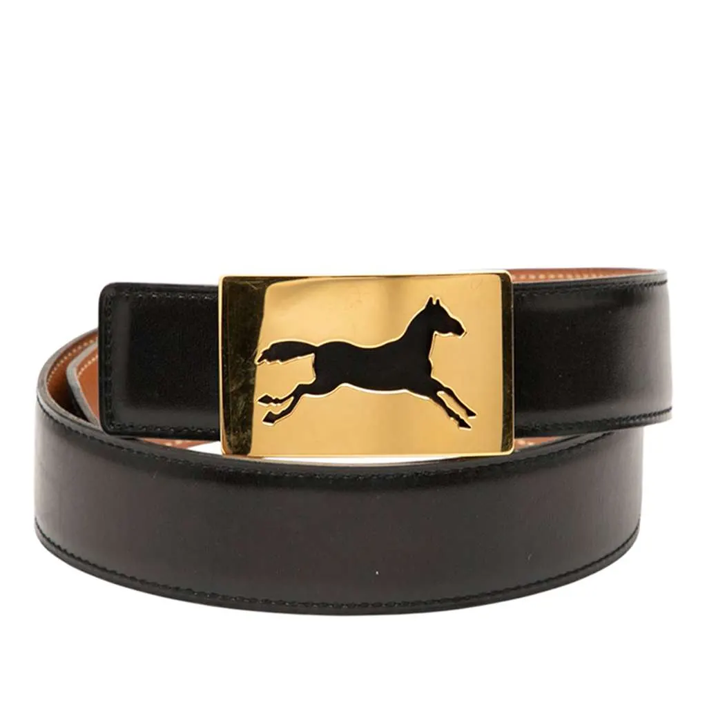 Hermès Box Calf Horse Buckle Belt Black Leather Good - Front View