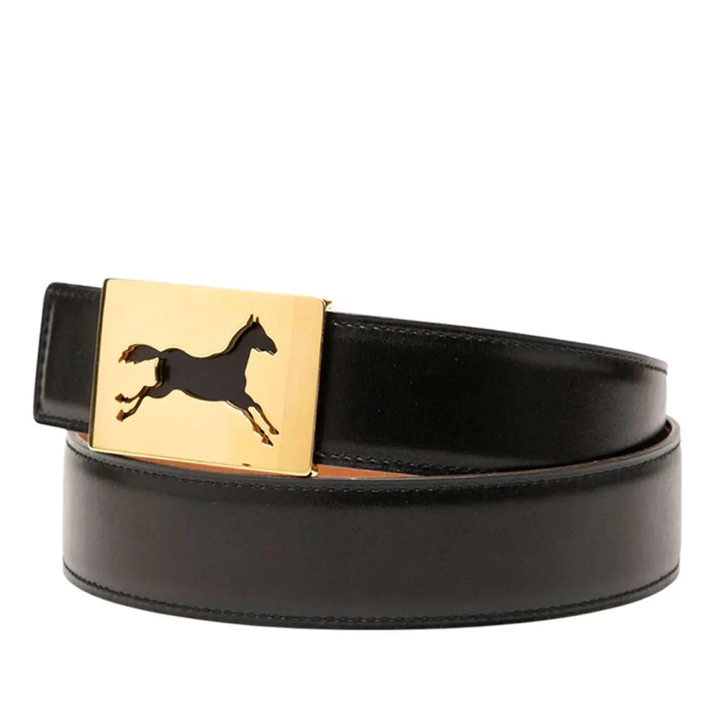 Hermès Box Calf Horse Buckle Belt Black Leather Good - Back View