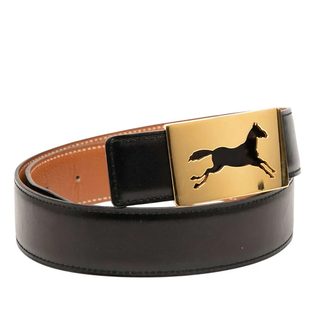 Hermès Box Calf Horse Buckle Belt Black Leather Good - Inside View