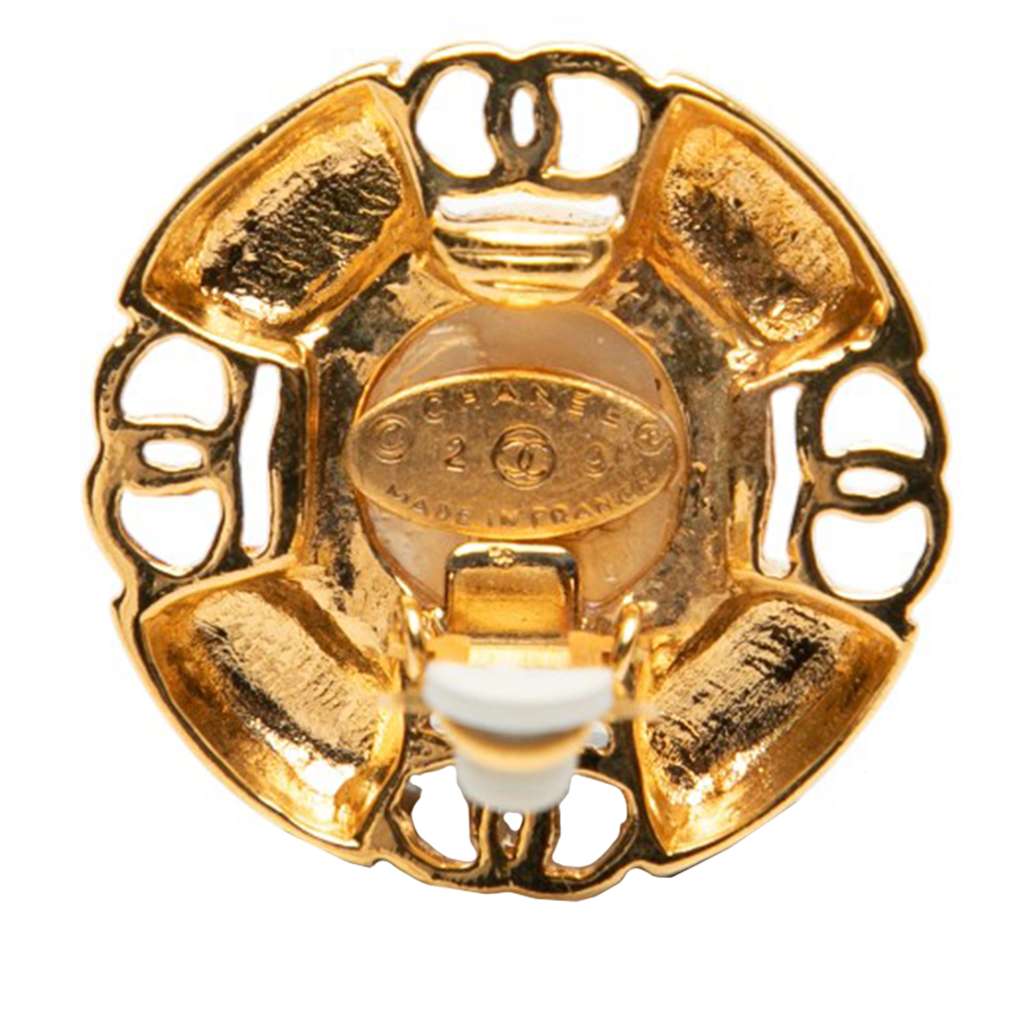 Chanel Gold Plated CC Faux Pearl Clip On Earrings - 3