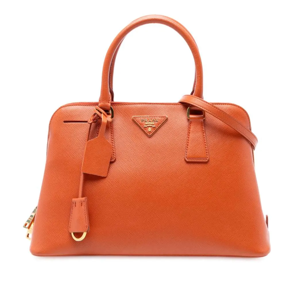 Prada Medium Saffiano Lux Promenade Satchel Orange Leather Good - Front View