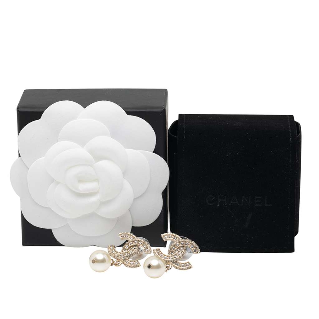 Chanel Gold Plated CC Rhinestones Pearl Drop Bullet Back Earrings - 4