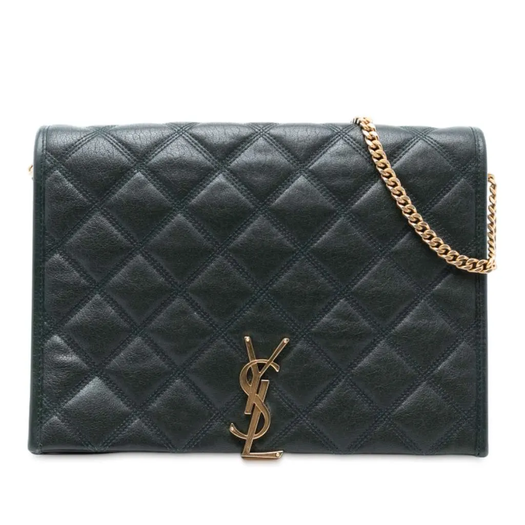 Saint Laurent Small Quilted Lambskin Becky Chain Shoulder Bag Green Leather Good - Front View