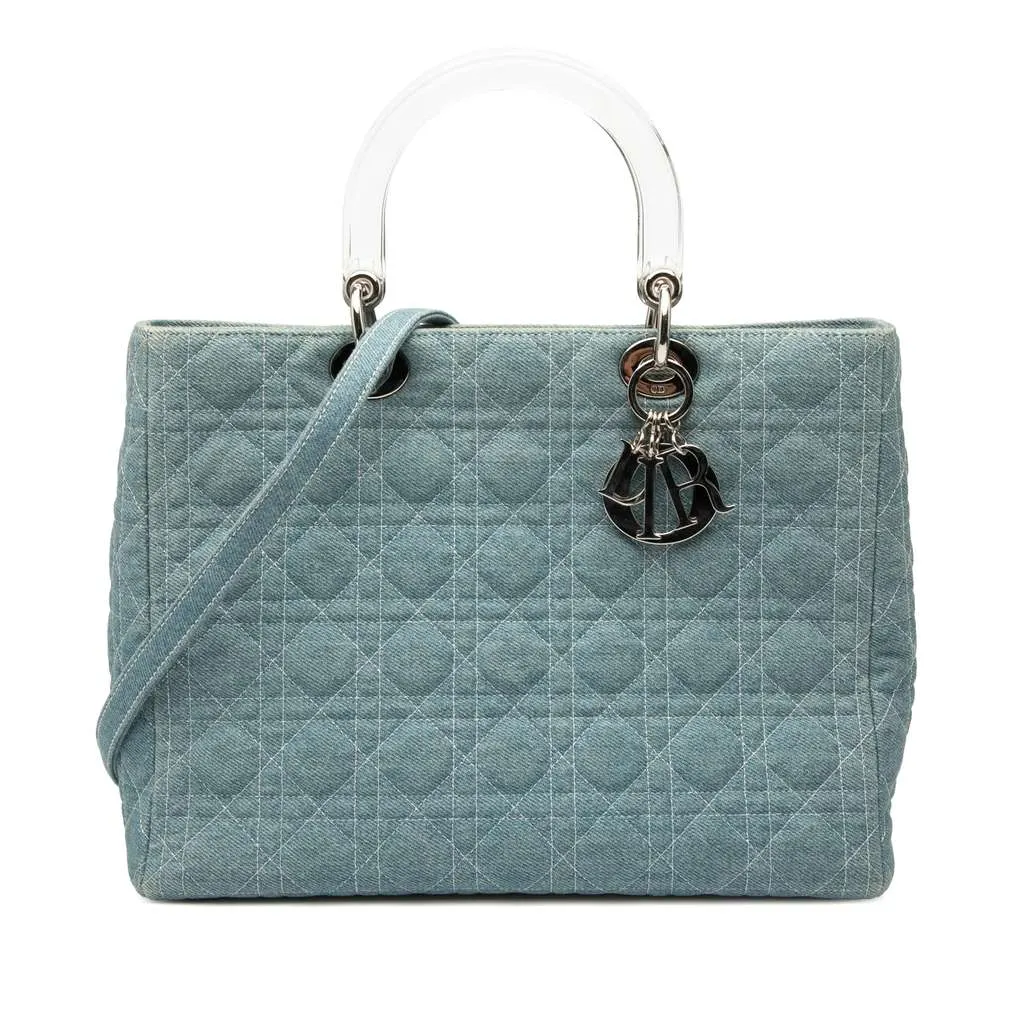 Dior Large Denim Cannage Acrylic Handles Lady Dior Blue Denim Very good - Front View