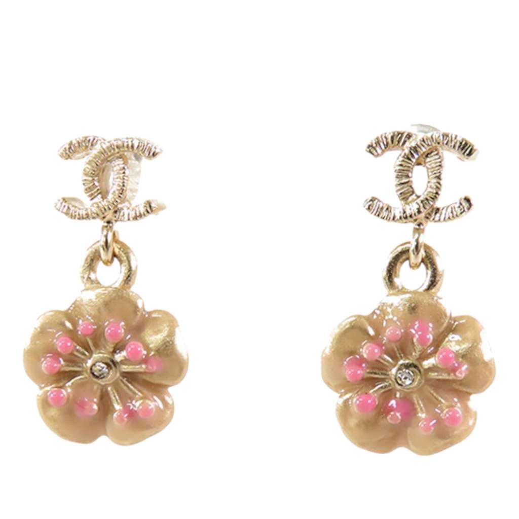 Chanel Gold Plated Enamel and Rhinestone CC Flower Drop Push Back Earrings